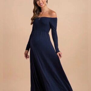 PinkBlush Petite Navy Blue Solid Off Shoulder Maternity Maxi Dress